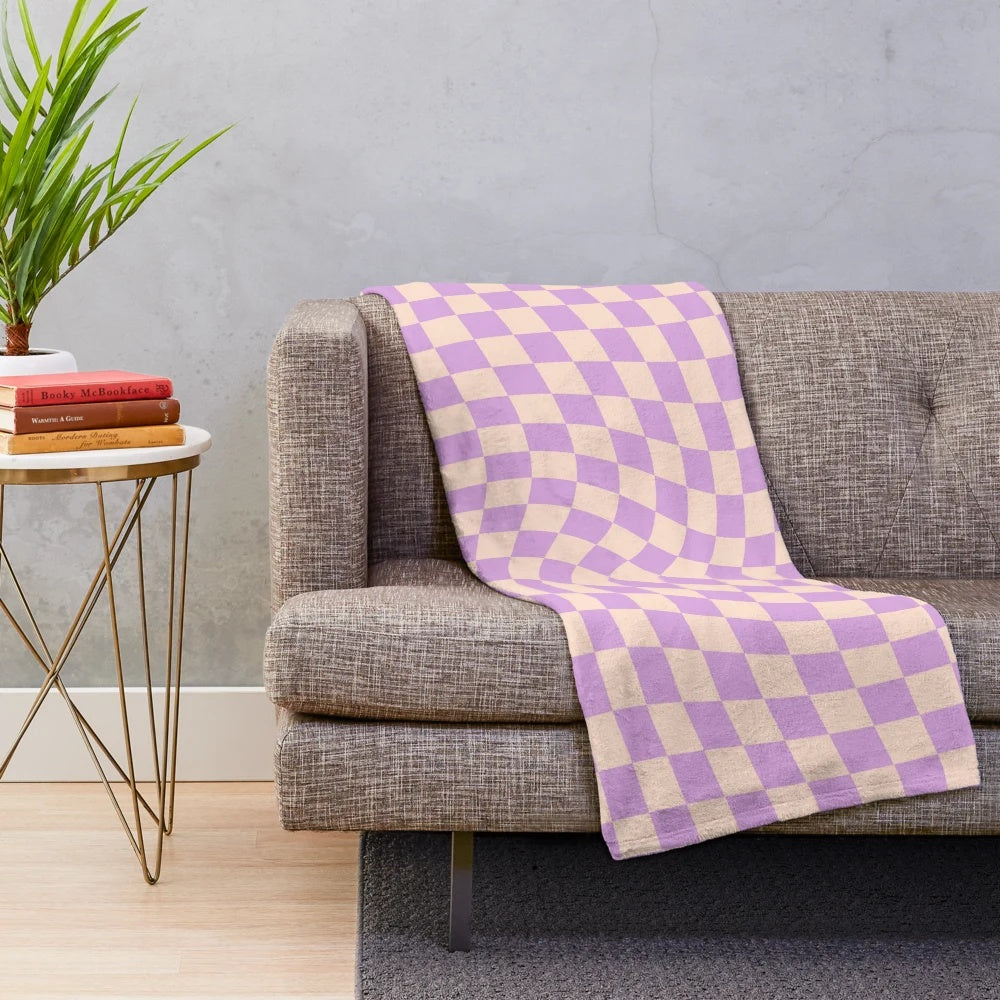 Lilac Twist Plush Checkerboard Blanket with Soft Geometric Pattern