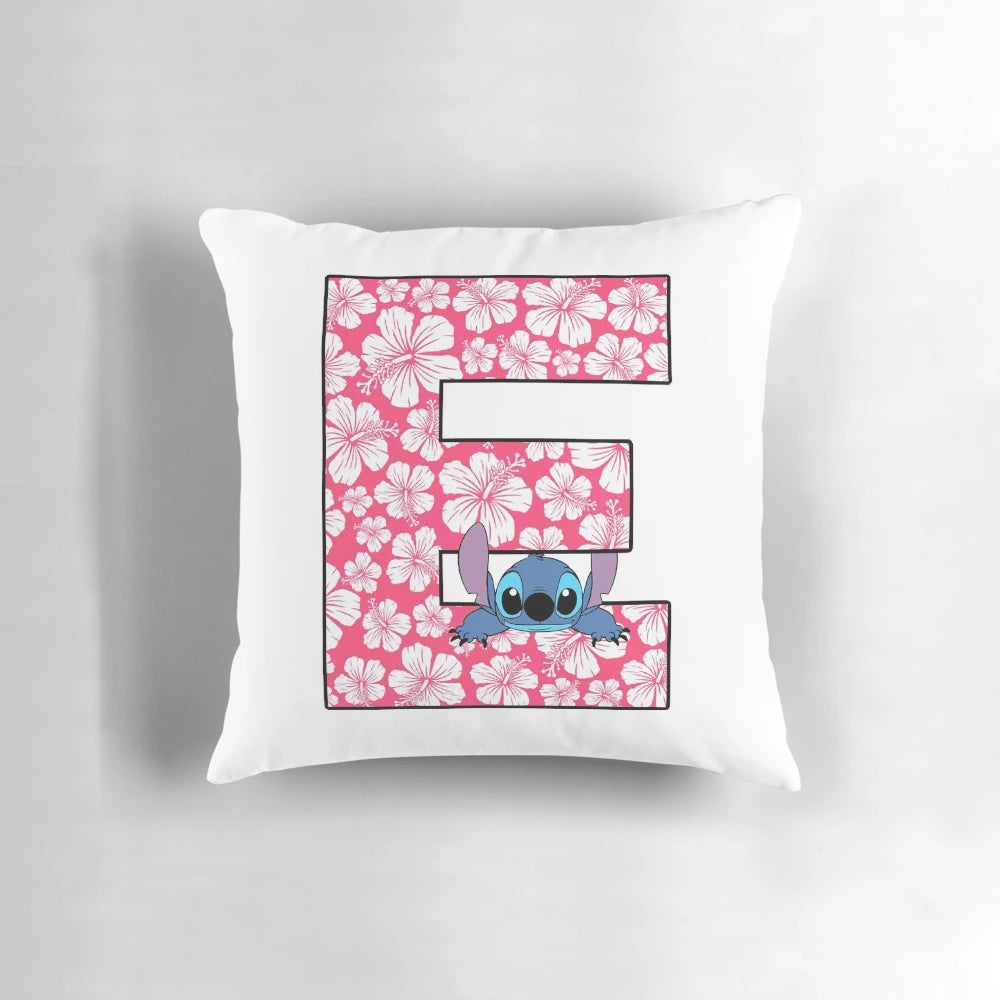 Lilo and Stitch themed letter E throw pillow featuring the iconic characters