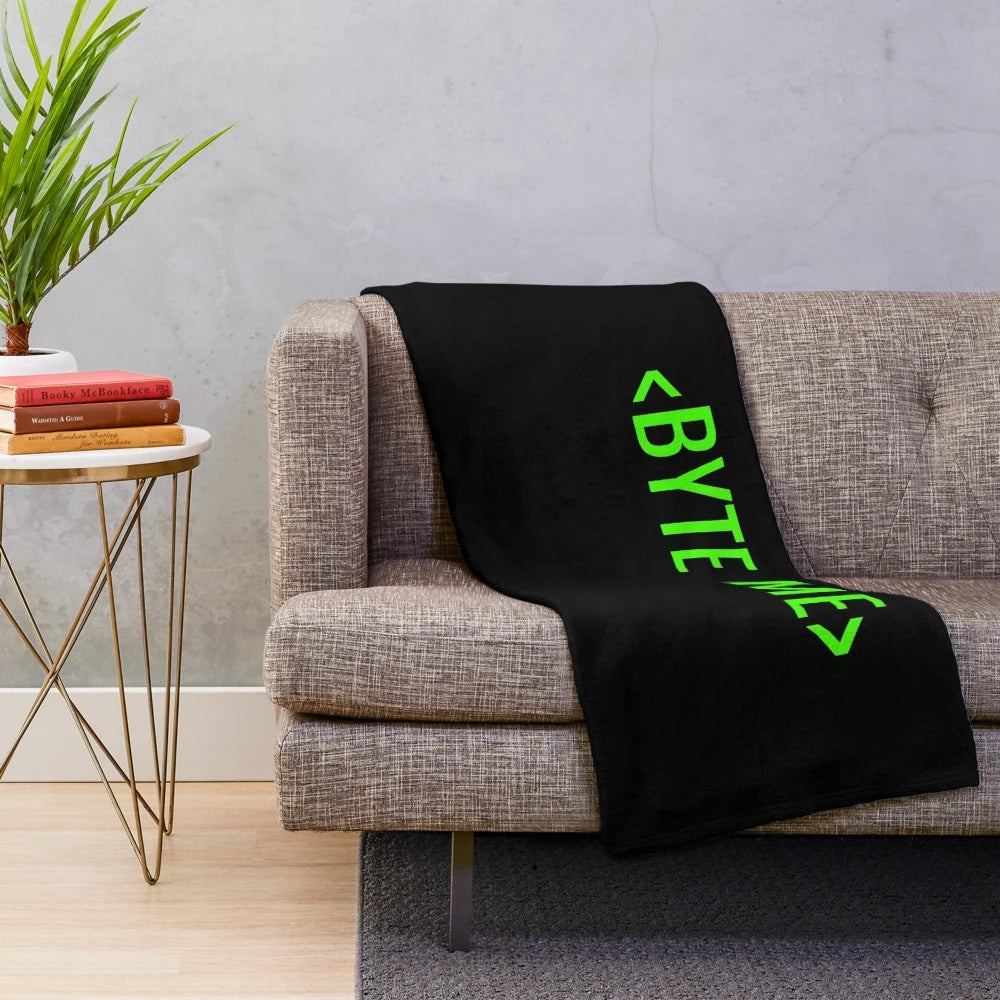 Lime green plush blanket with computer code design, perfect for programmers and coders