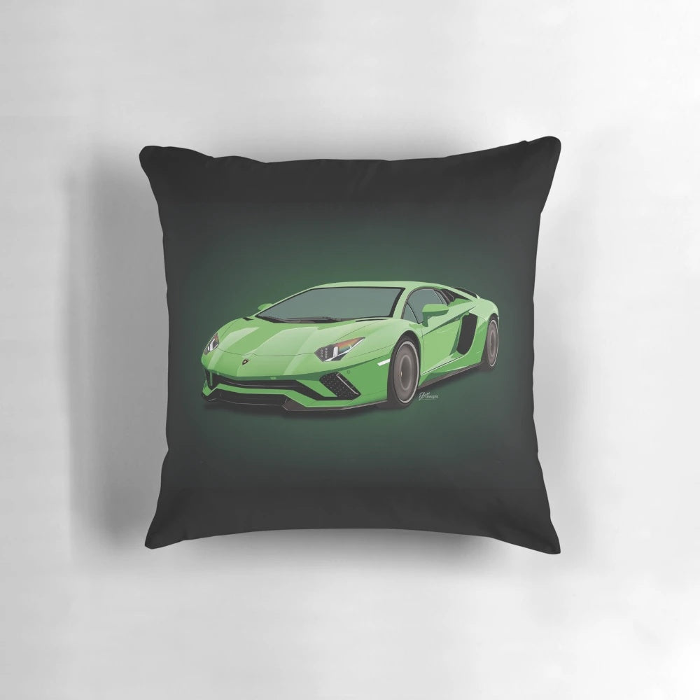 Lime green Lamborghini-inspired cartoon pillow with a cool, sporty design.