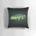 Lime green Lamborghini-inspired cartoon pillow with a cool, sporty design.
