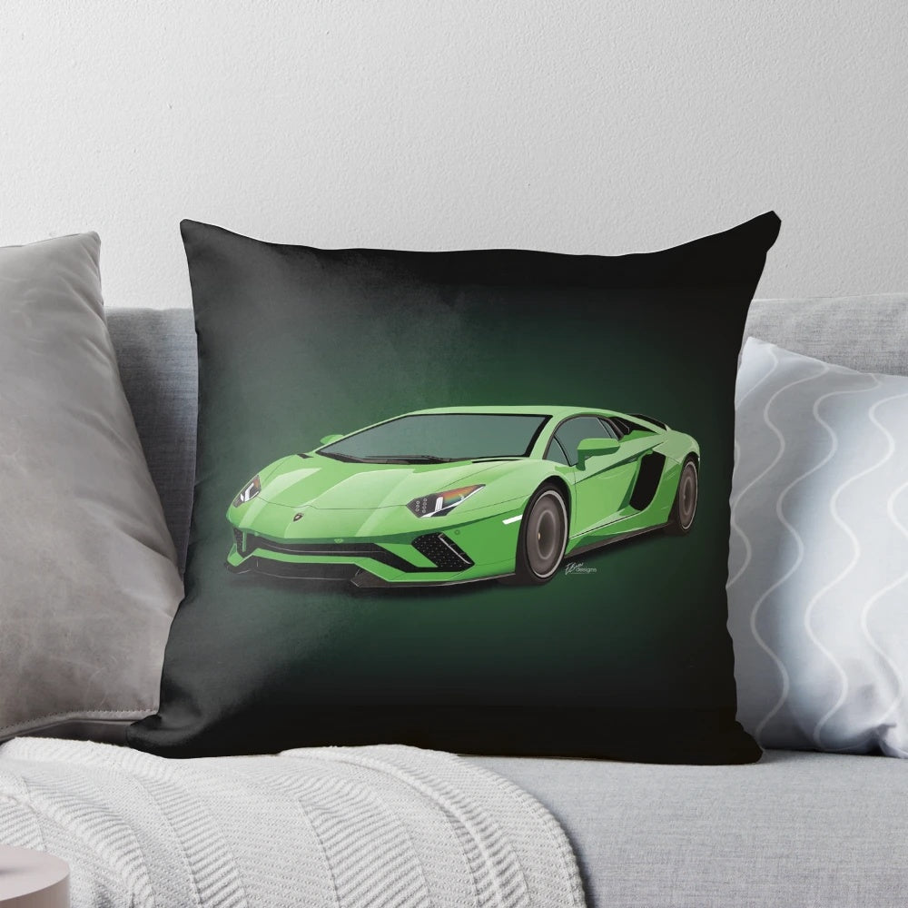 Lime green Lamborghini-inspired cartoon pillow with a cool, sporty design.