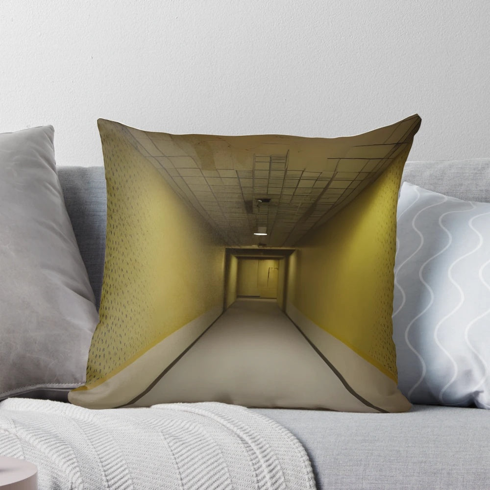 A throw pillow depicting the unsettling ambiance of the Backrooms, with a focus on liminal space and the ominous yellow wallpaper.