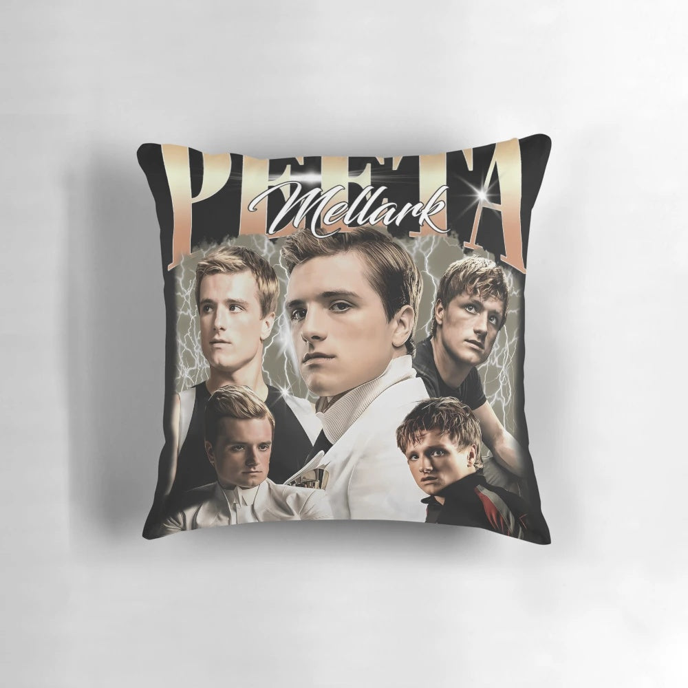 Vintage-style Peeta Mellark Hunger Games fan pillow with text "Peeta Mellark