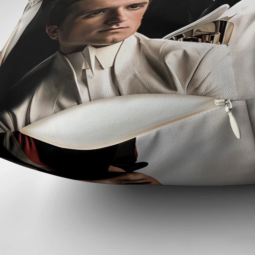Vintage-style Peeta Mellark Hunger Games fan pillow with text "Peeta Mellark