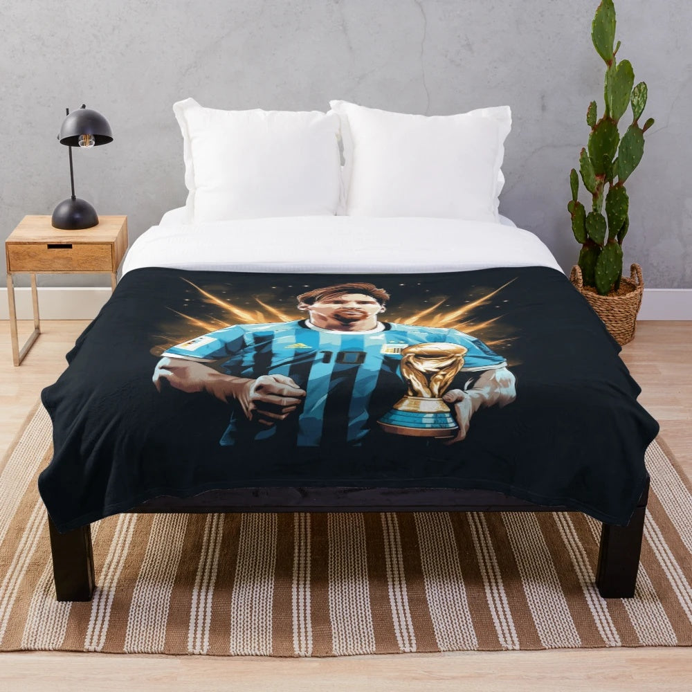 Lionel Messi inspired plush blanket with football/soccer graphics