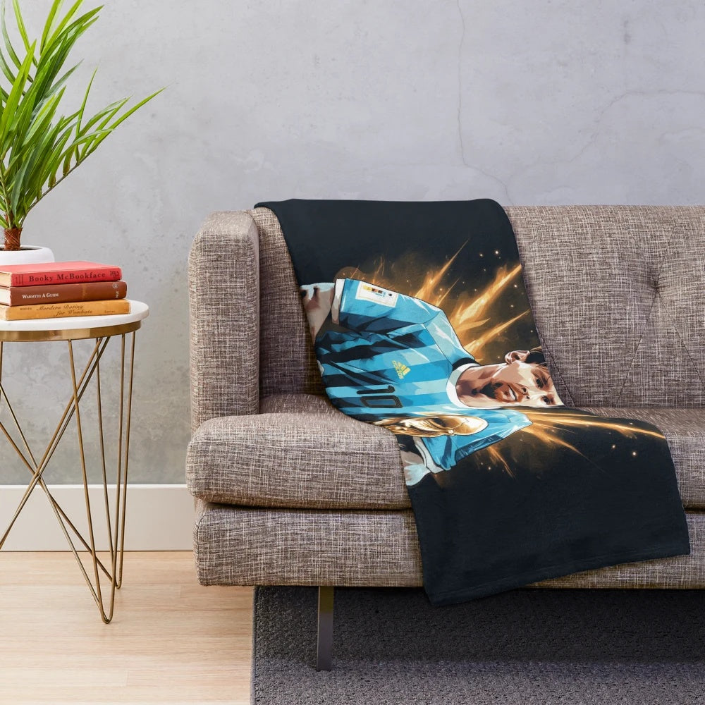 Lionel Messi inspired plush blanket with football/soccer graphics
