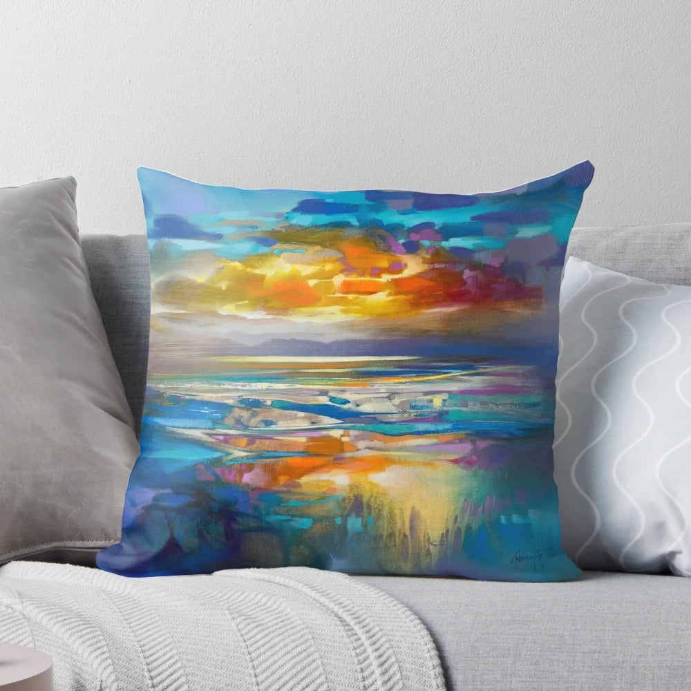 Liquid Cyan Pillow featuring a vibrant, abstract artwork inspired by the Scottish Highlands
