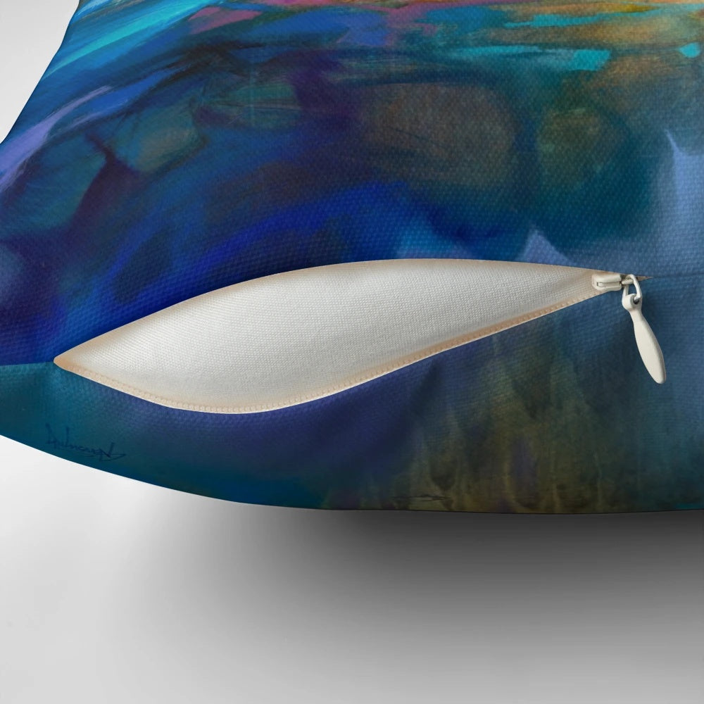 Liquid Cyan Pillow featuring a vibrant, abstract artwork inspired by the Scottish Highlands