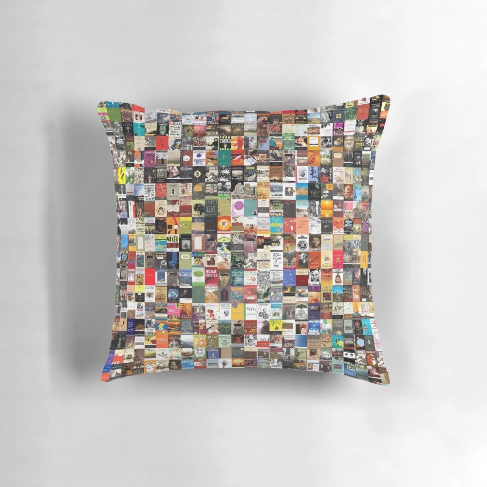 Decorative pillow featuring classic book spines and titles