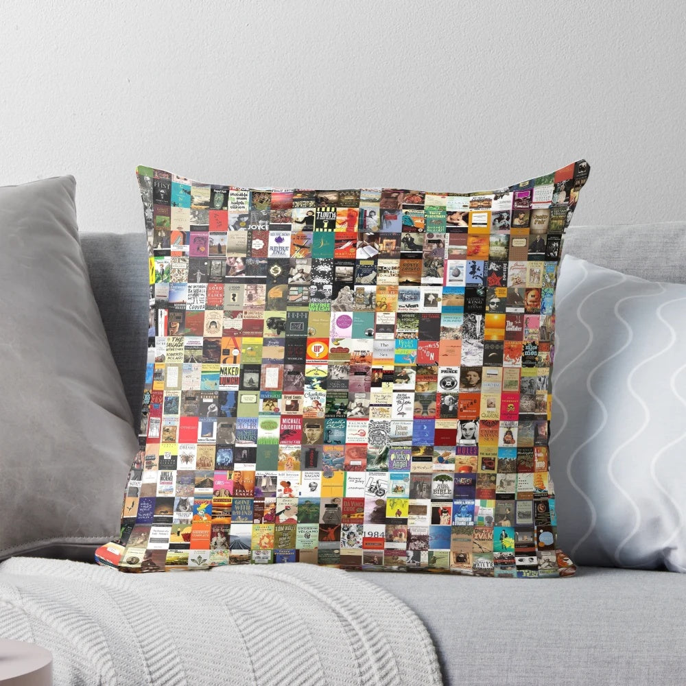 Decorative pillow featuring classic book spines and titles