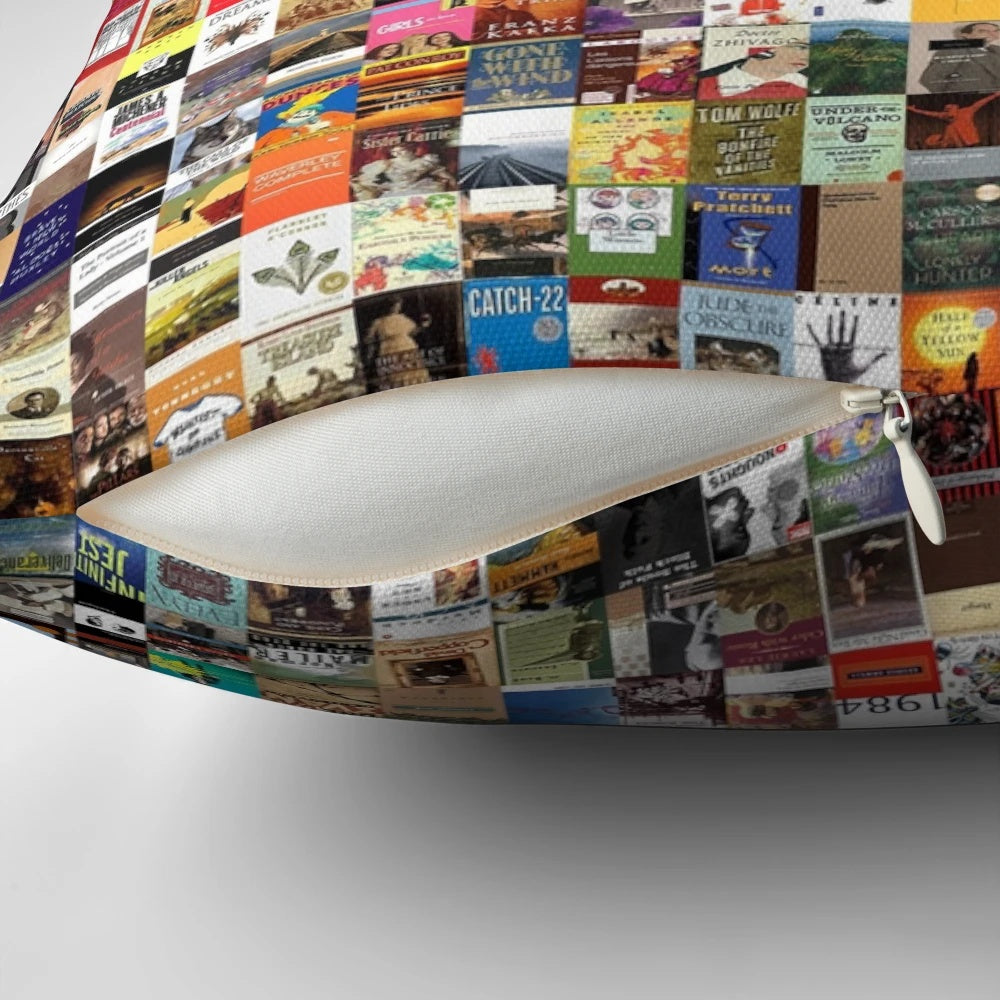 Decorative pillow featuring classic book spines and titles
