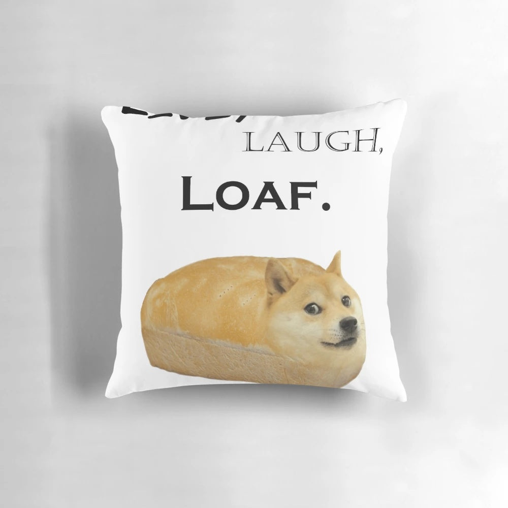 A soft, plush pillow featuring a meme design with doge, cheems, and walter characters.