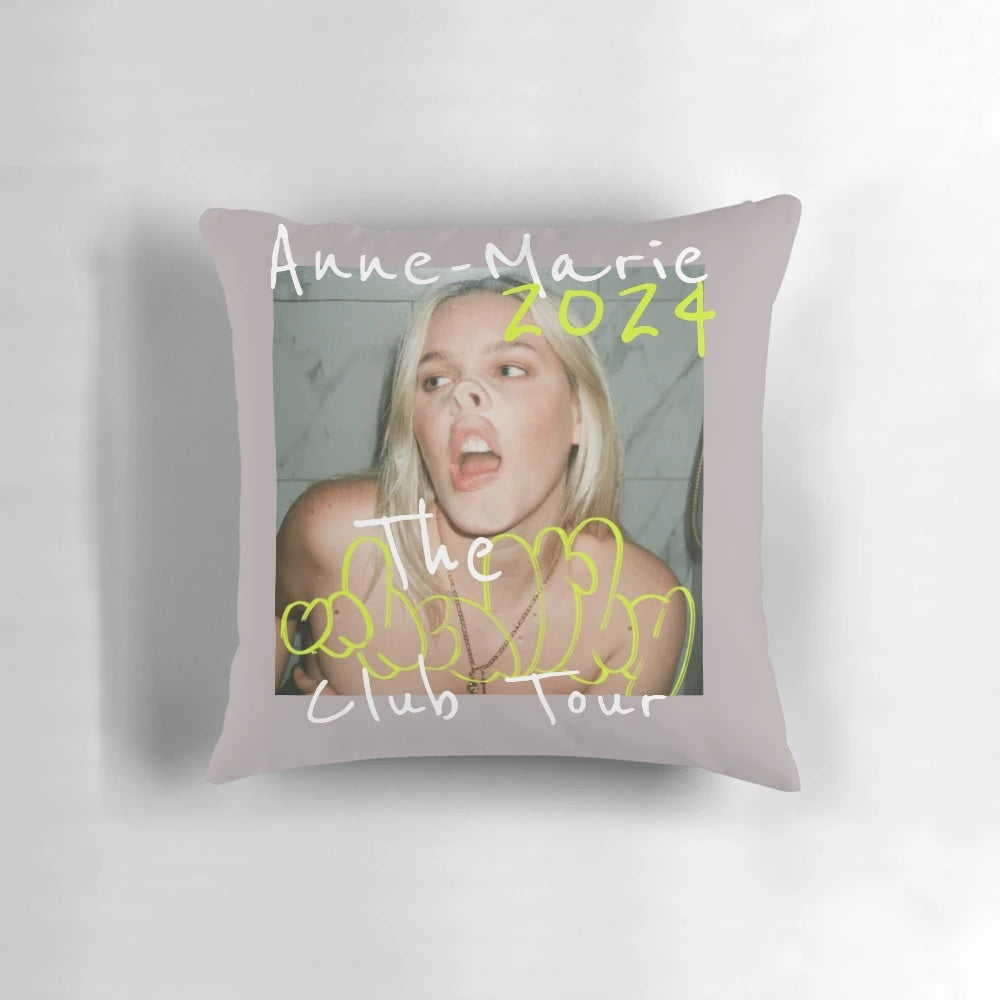 A colorful pillow featuring vibrant fan art inspired by Anne-Marie's upcoming UK tour in 2024.