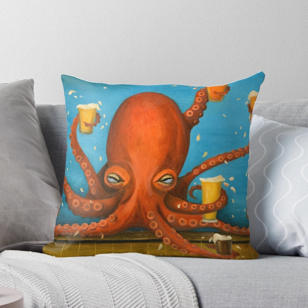 Lively life of the party pillow featuring an octopus holding a pint of beer, perfect for beer and ocean lovers.
