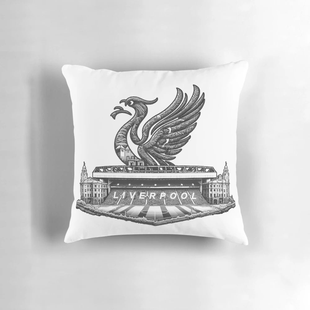 Liverpool FC Anfield YNWA Pillow, featuring the iconic Liverbird and Anfield stadium