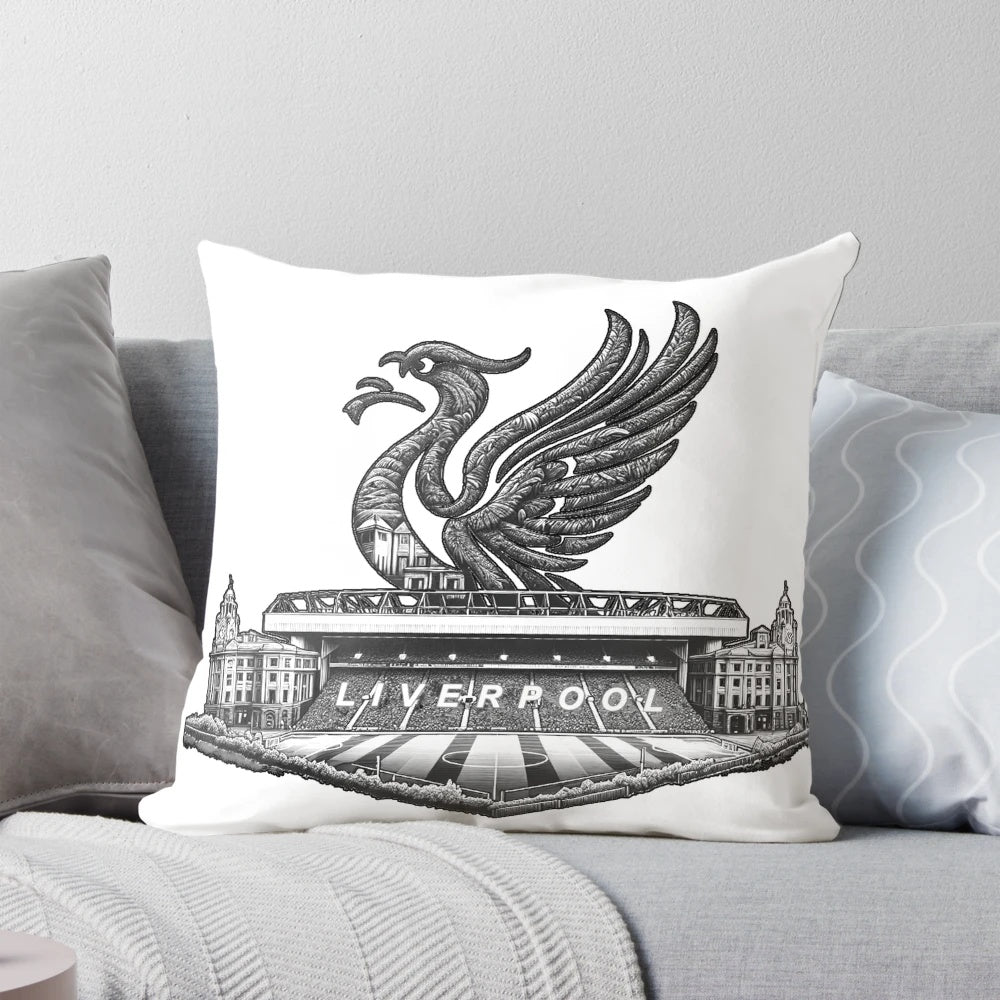 Liverpool FC Anfield YNWA Pillow, featuring the iconic Liverbird and Anfield stadium