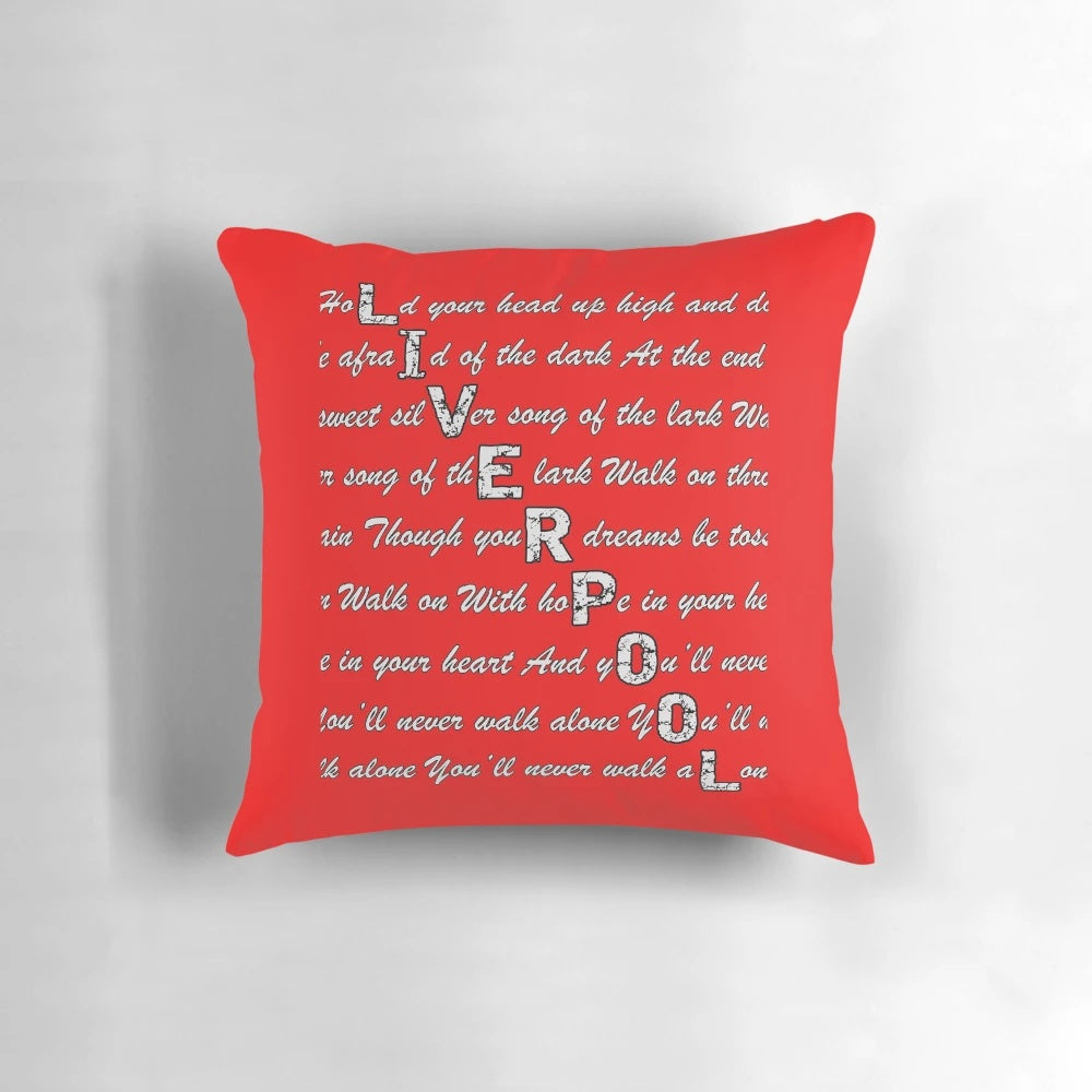 Liverpool FC fan pillow with "You'll Never Walk Alone" text