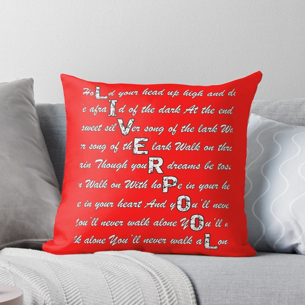 Liverpool FC fan pillow with "You'll Never Walk Alone" text