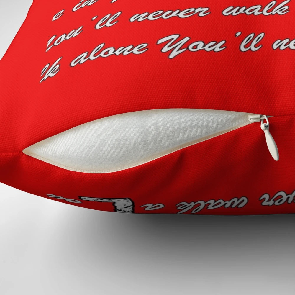 Liverpool FC fan pillow with "You'll Never Walk Alone" text