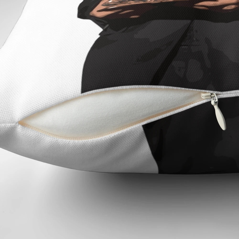 A playful throw pillow featuring an illustration of Liverpool FC player Darwin Nunez.