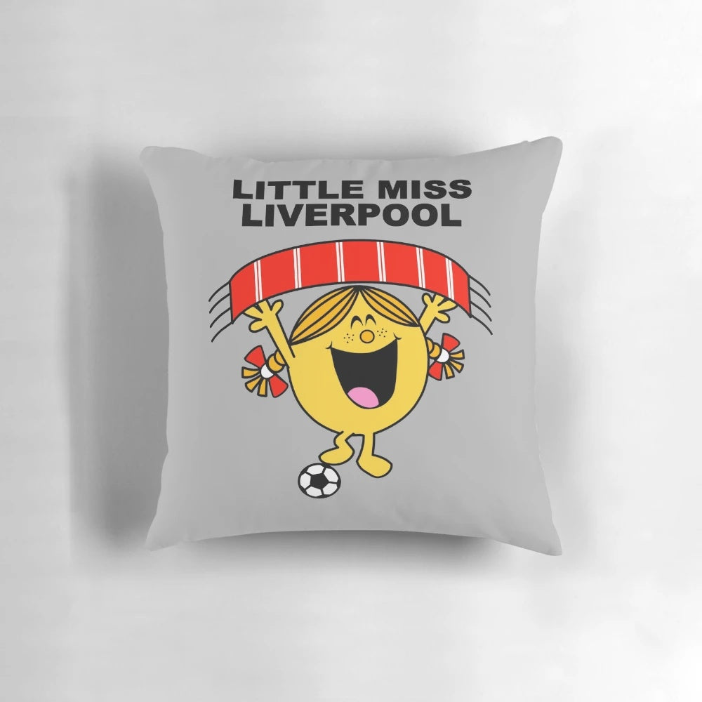 A plush and colorful pillow featuring the Little Miss Liverpool character, perfect for football and soccer fans.