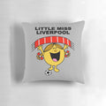 A plush and colorful pillow featuring the Little Miss Liverpool character, perfect for football and soccer fans.