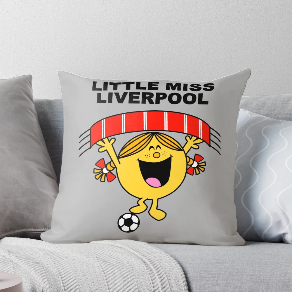 A plush and colorful pillow featuring the Little Miss Liverpool character, perfect for football and soccer fans.