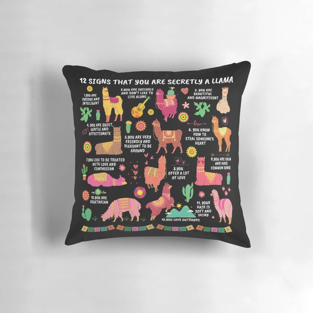 Funny llama pillow with 12 signs you might be a secret llama