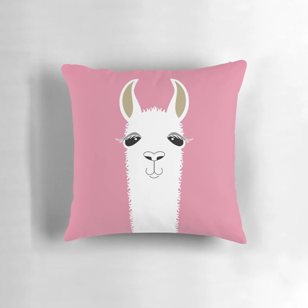 Decorative llama portrait throw pillow with tan, white, black, and pink colors.