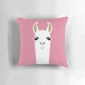 Decorative llama portrait throw pillow with tan, white, black, and pink colors.