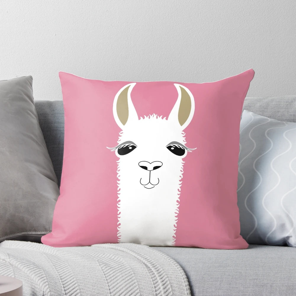 Decorative llama portrait throw pillow with tan, white, black, and pink colors.