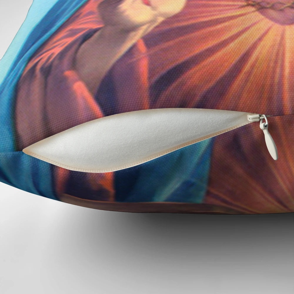 Artwork of Tom Hiddleston as Loki in a Jesus-style portrait on a plush pillow.