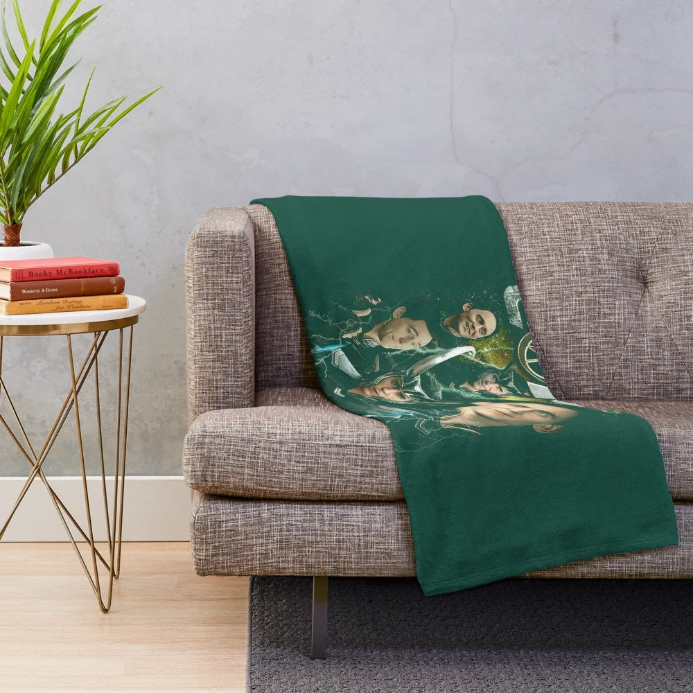 Loki-themed plush blanket featuring the God of Mischief from the Marvel Cinematic Universe