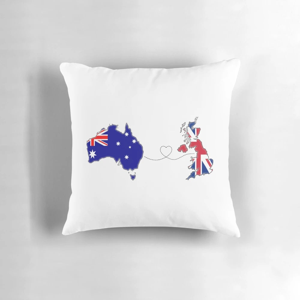 Long distance relationship pillow with flags of the United Kingdom, England, Wales, and Northern Ireland