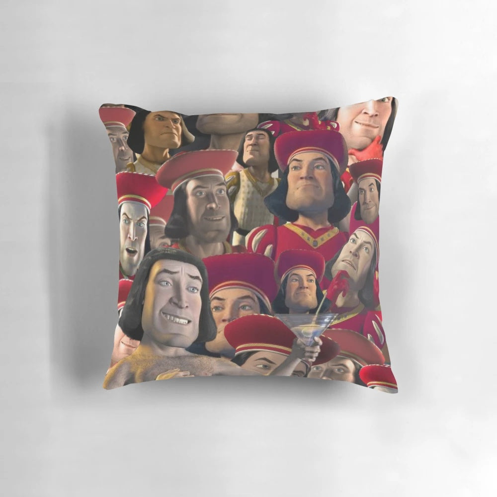 A decorative pillow featuring the character Lord Farquaad from the Shrek movie franchise.