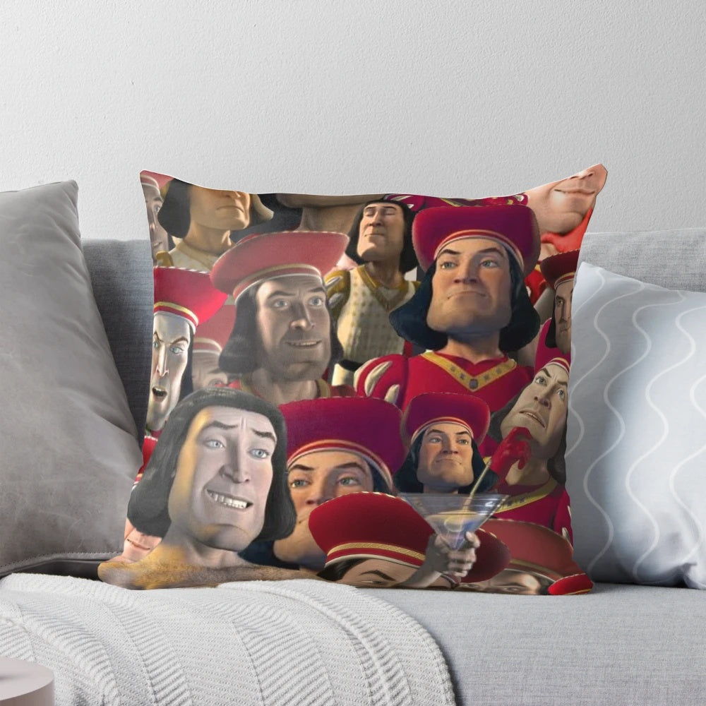 A decorative pillow featuring the character Lord Farquaad from the Shrek movie franchise.