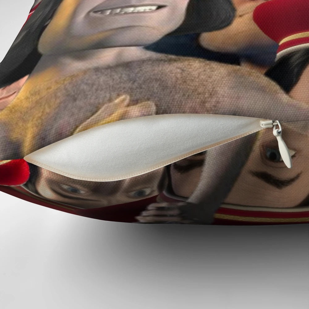 A decorative pillow featuring the character Lord Farquaad from the Shrek movie franchise.