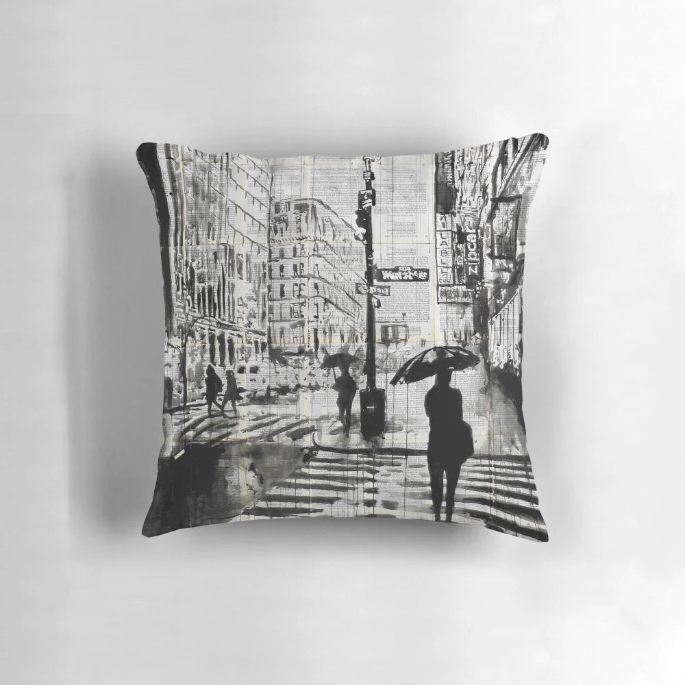 Throw pillow featuring a cityscape art print by Loui Jover depicting the Manhattan skyline