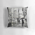 Throw pillow featuring a cityscape art print by Loui Jover depicting the Manhattan skyline