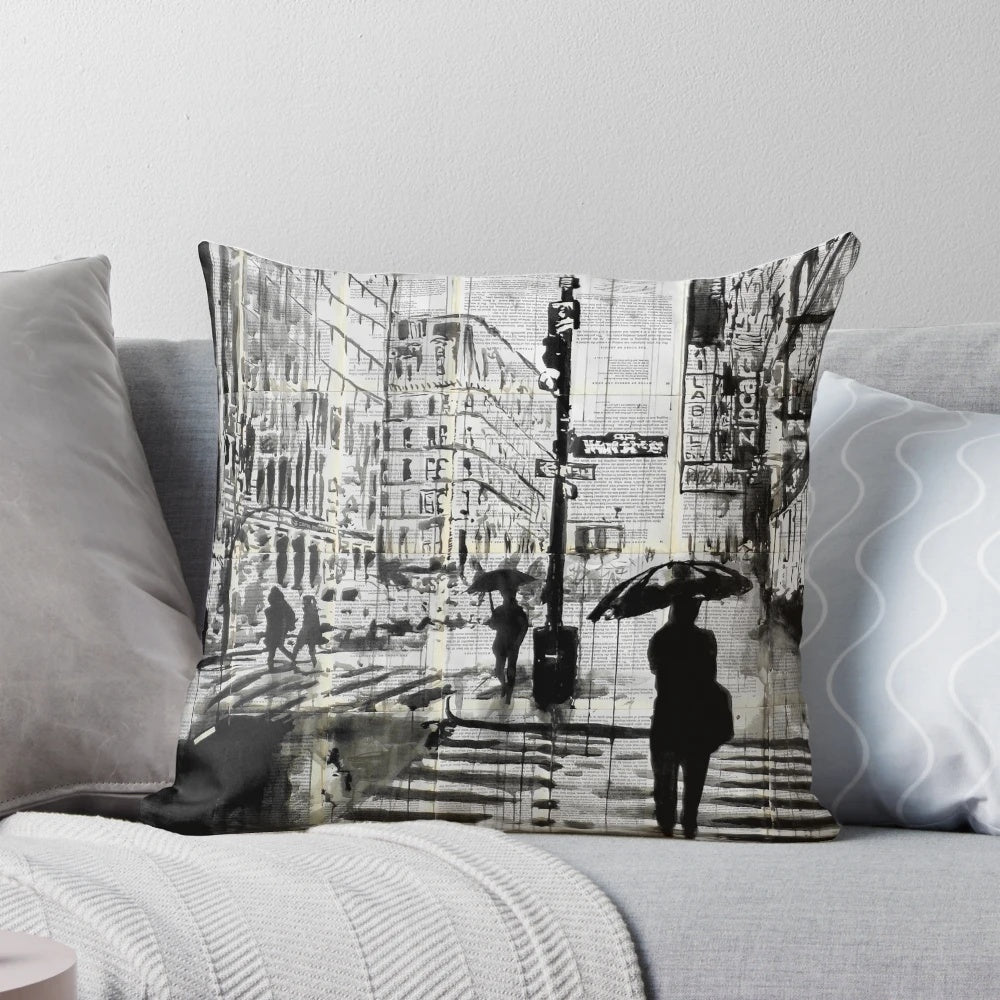 Throw pillow featuring a cityscape art print by Loui Jover depicting the Manhattan skyline