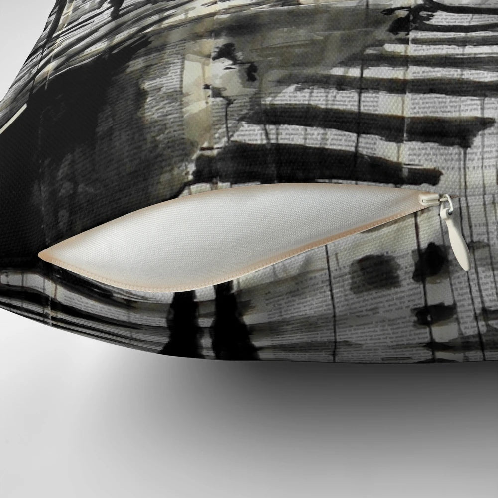 Throw pillow featuring a cityscape art print by Loui Jover depicting the Manhattan skyline