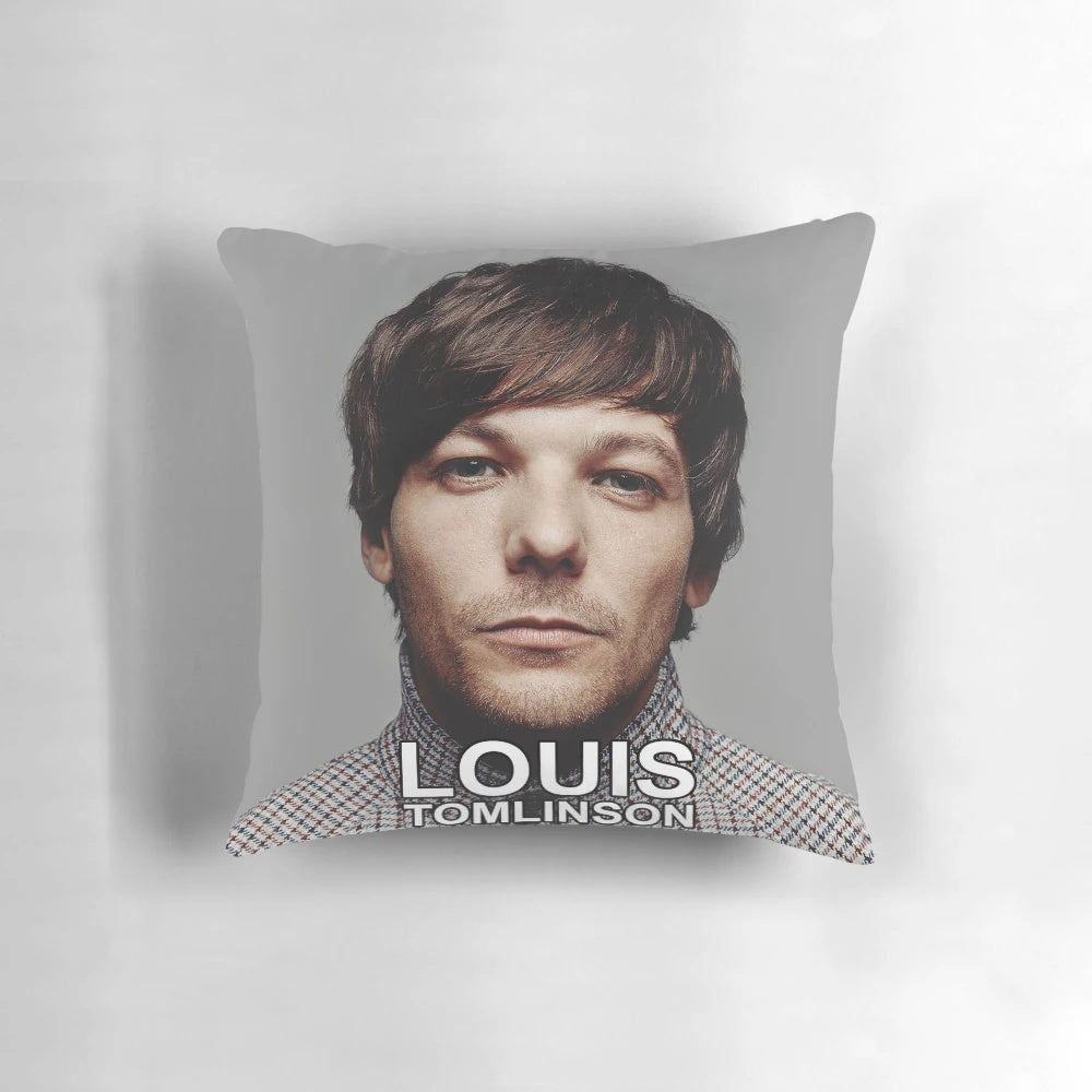 Louis Tomlinson performing on stage during his 2021 world tour, featured on a plush pillow.