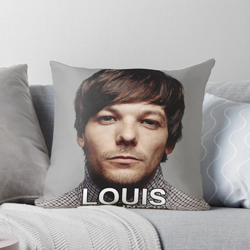 Louis Tomlinson performing on stage during his 2021 world tour, featured on a plush pillow.
