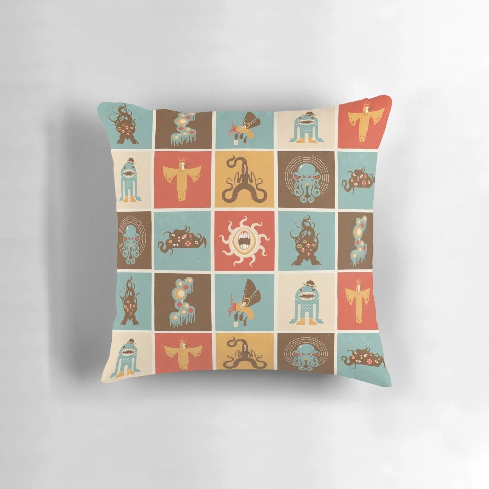A decorative pillow featuring a Lovecraftian design with geometric shapes and eldritch symbols, perfect for fans of cosmic horror and the Cthulhu Mythos.