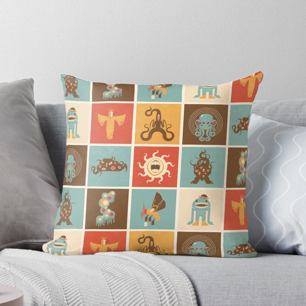 A decorative pillow featuring a Lovecraftian design with geometric shapes and eldritch symbols, perfect for fans of cosmic horror and the Cthulhu Mythos.