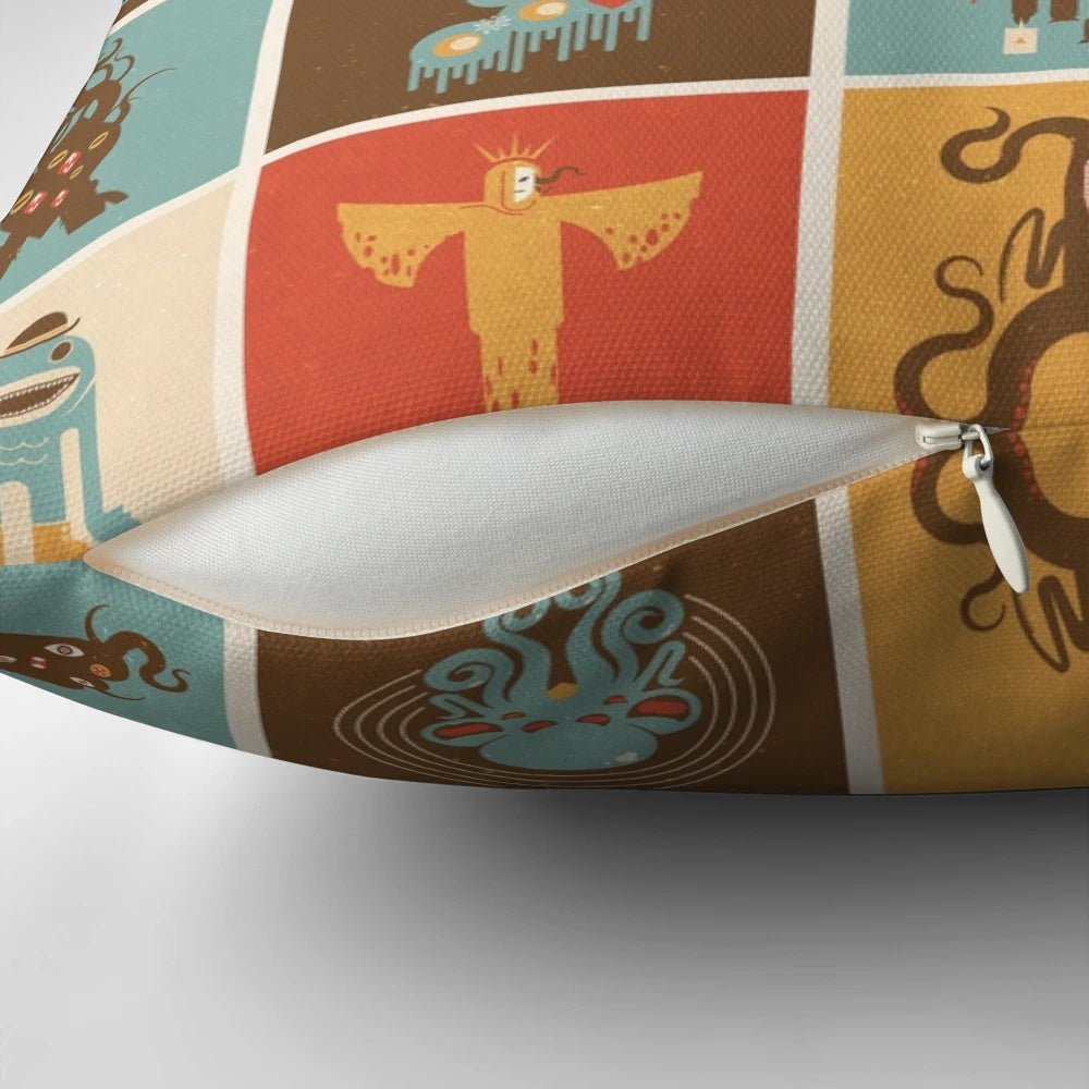 A decorative pillow featuring a Lovecraftian design with geometric shapes and eldritch symbols, perfect for fans of cosmic horror and the Cthulhu Mythos.