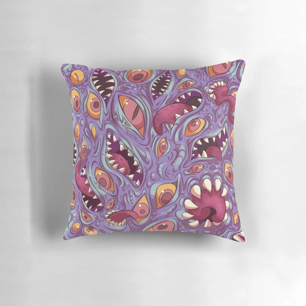 A purple and black pillow featuring a Lovecraftian monster with eerie eyes and fangs, evoking a sense of eldritch horror.