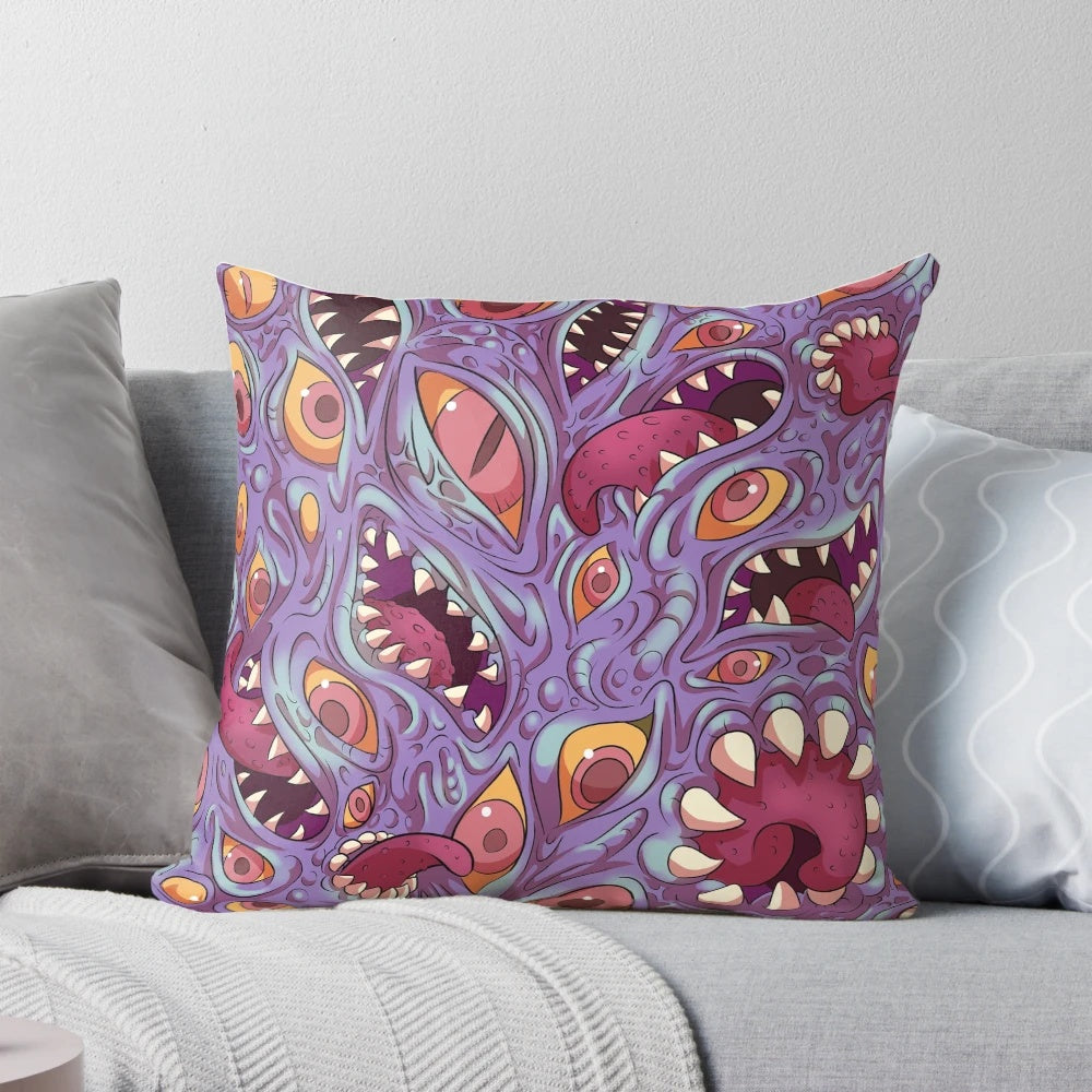 A purple and black pillow featuring a Lovecraftian monster with eerie eyes and fangs, evoking a sense of eldritch horror.