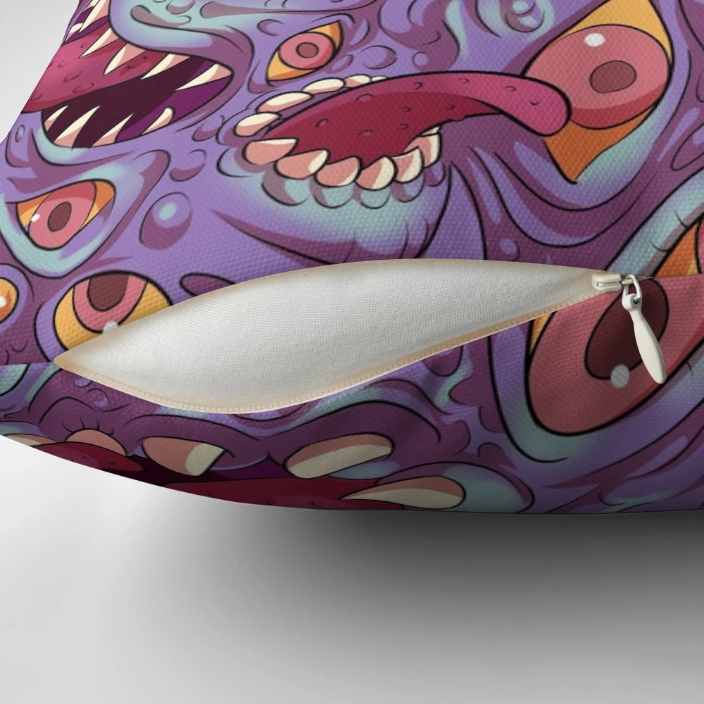 A purple and black pillow featuring a Lovecraftian monster with eerie eyes and fangs, evoking a sense of eldritch horror.